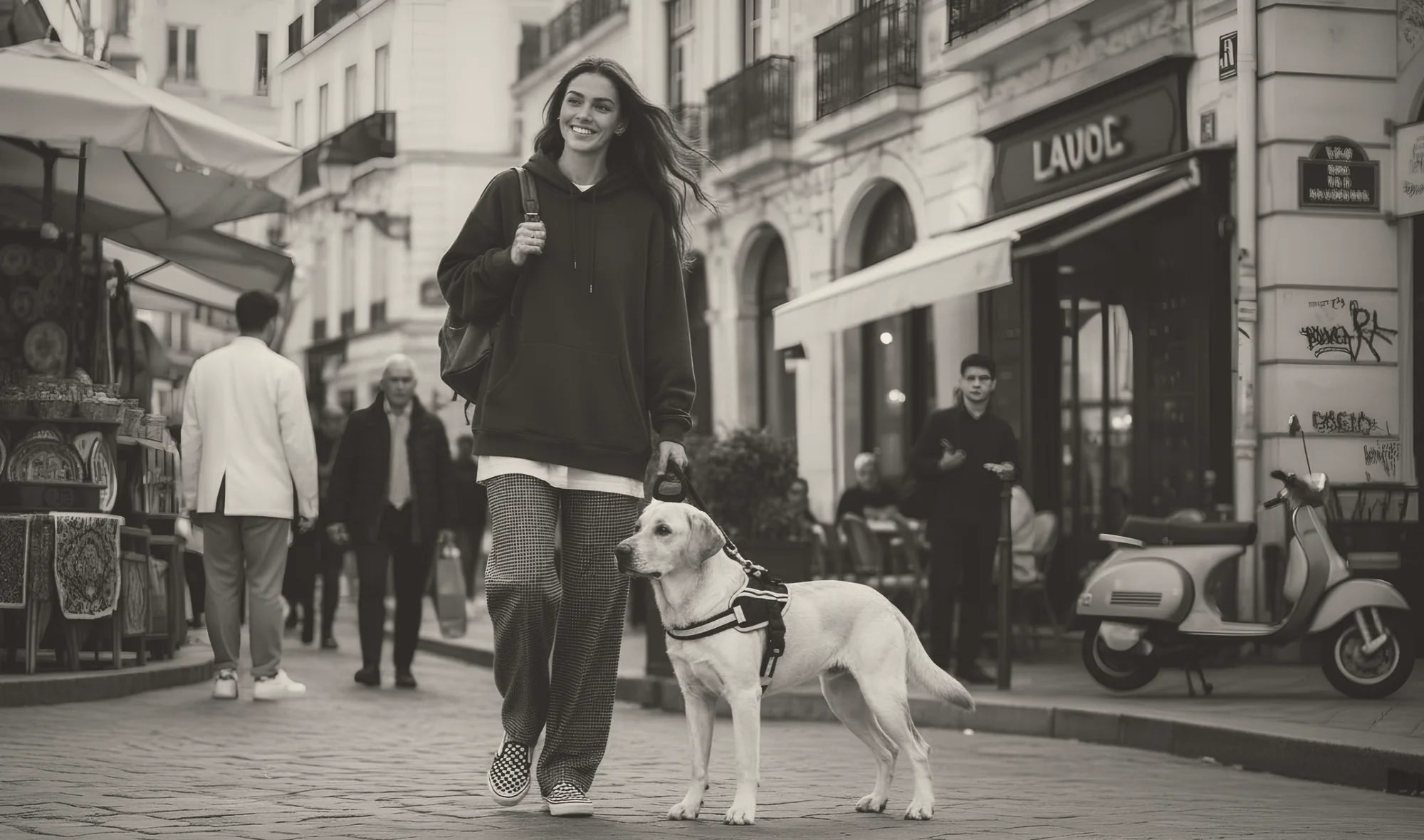 A labrador in the Concrete harness walking a city street with its owner.