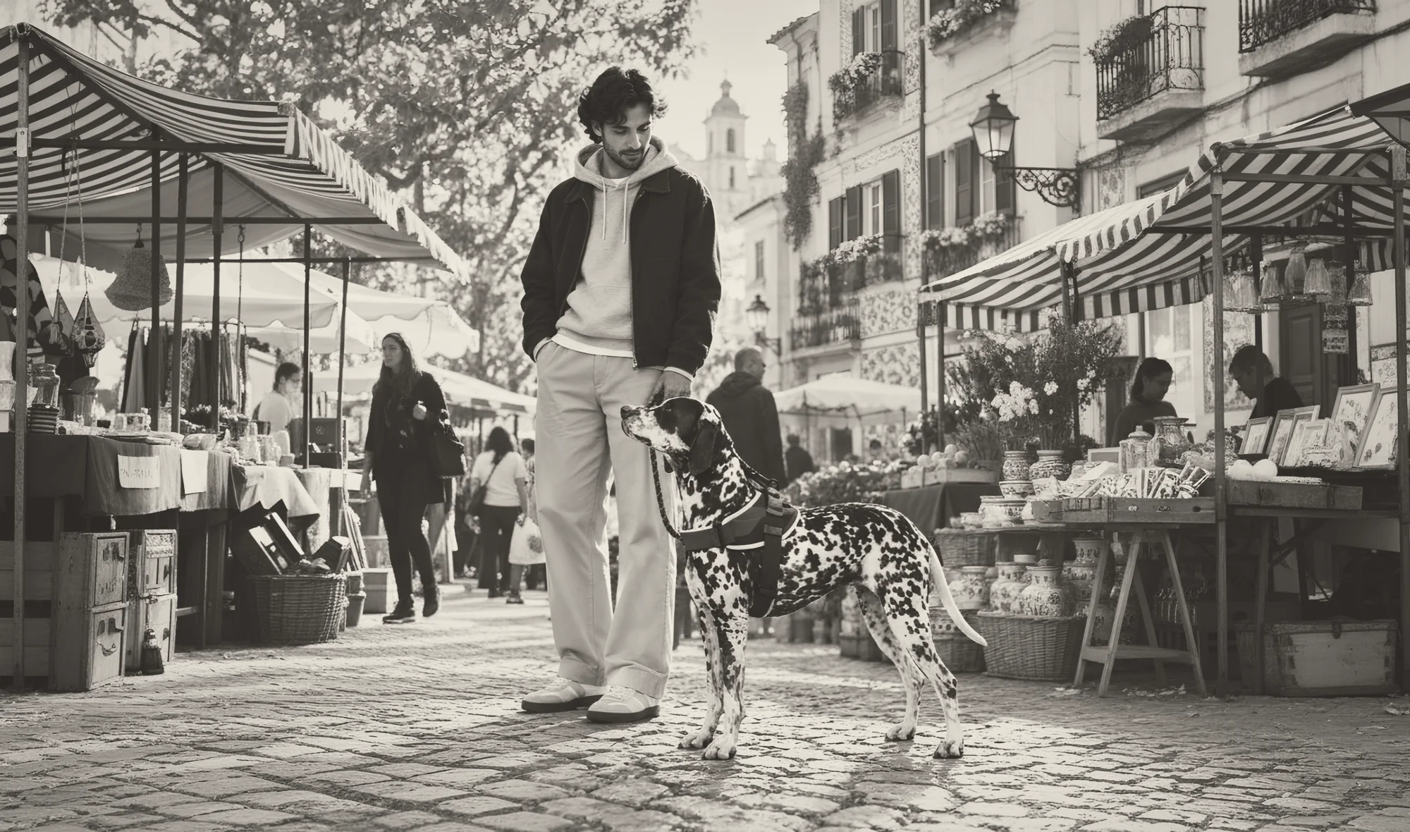 A pointer in the Feira harness beside its owner at an open-air market.