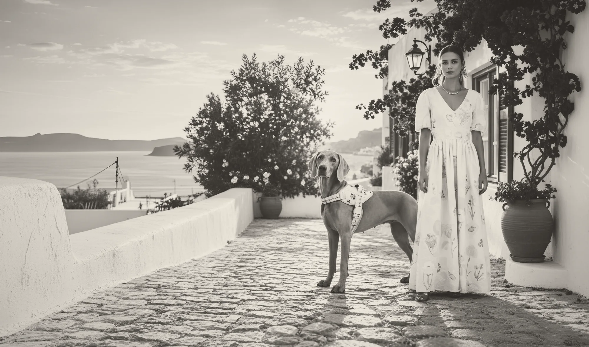 A weimaraner in the Mediterraneo harness on a whitewashed island street at sunset.