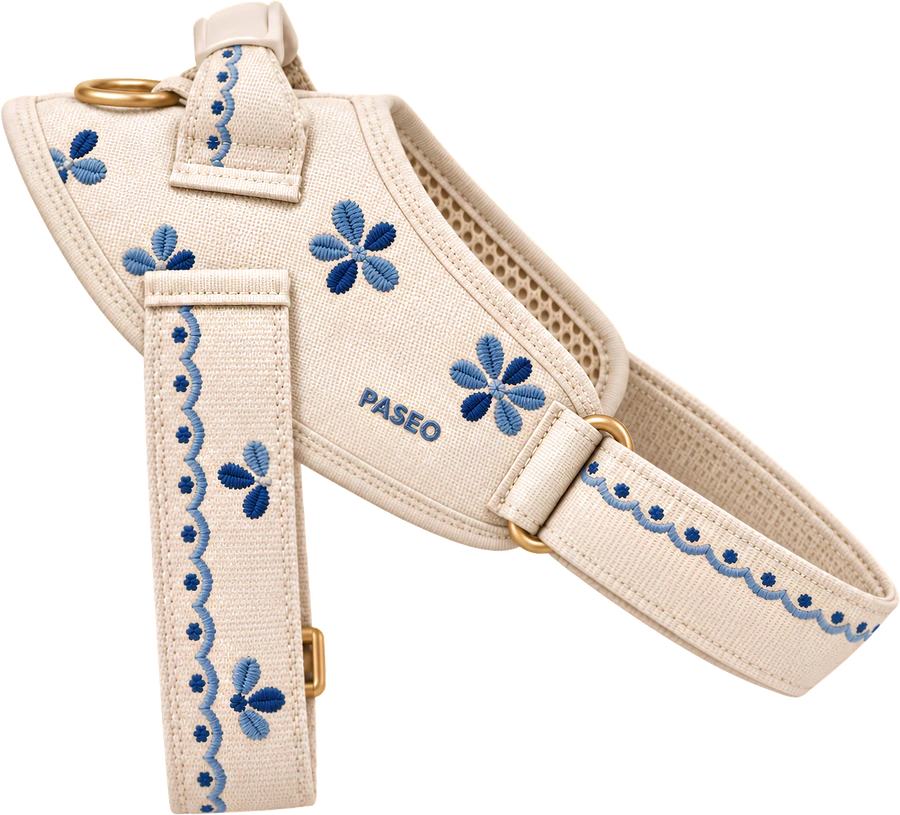 The Mediterraneo harness: cream canvas with azulejo flowers embroidered across it.