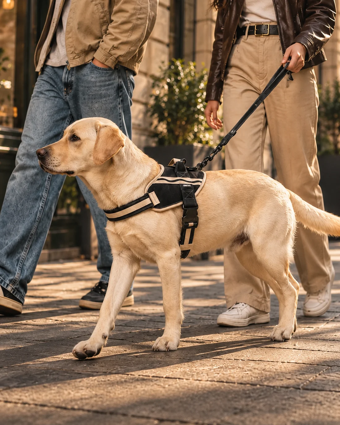 A labrador in the Concrete harness on a city street.